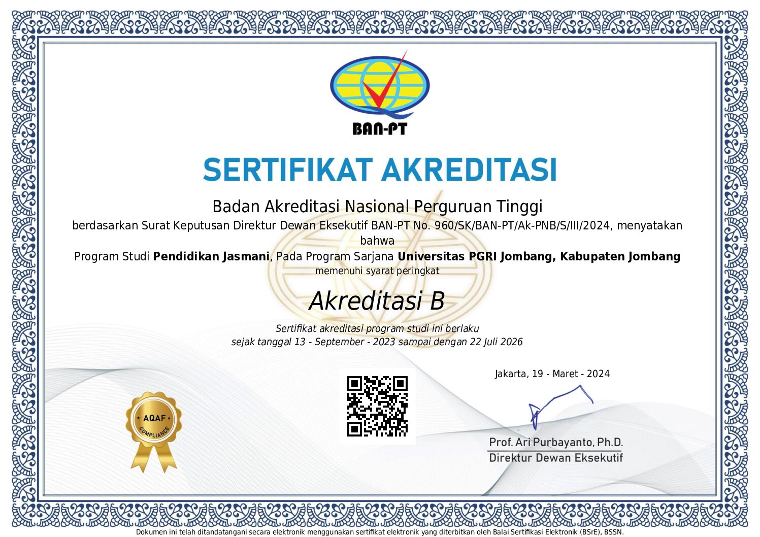 Sertifikat Akreditasi Penjas UPJB